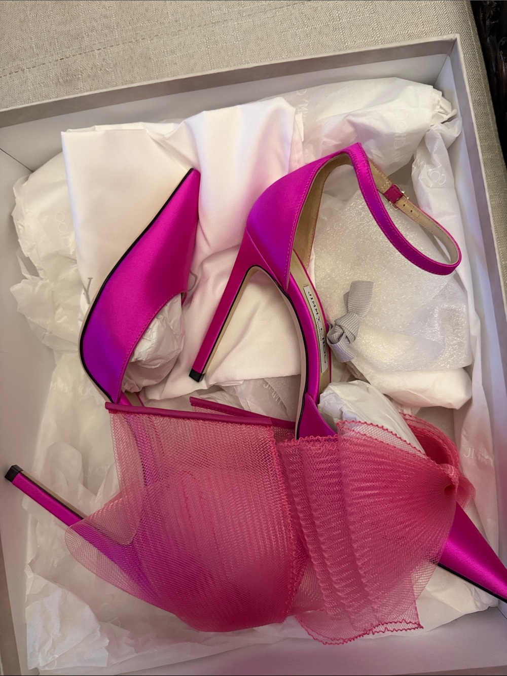 Jimmy Choo Hot Pink Satin Pointed-Toe Bow Ankle-Strap Heels - Picture 5 of 7